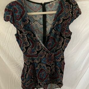 Charlotte Russe Paisley Romper with back zipper-faux wrap- capped sleeves-size M